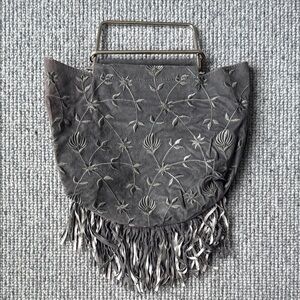 Comeco Velour Fringe Purse Gray Embroidered Fringe Handbag Silver Handles